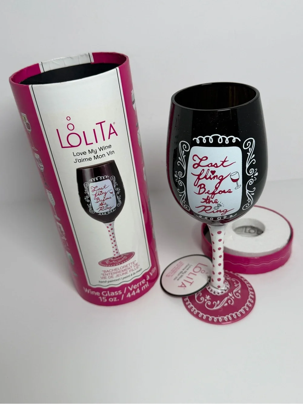 Lolita Black & Pink 'Last Fling Before the Ring' Decorative Wine Glass Wedding